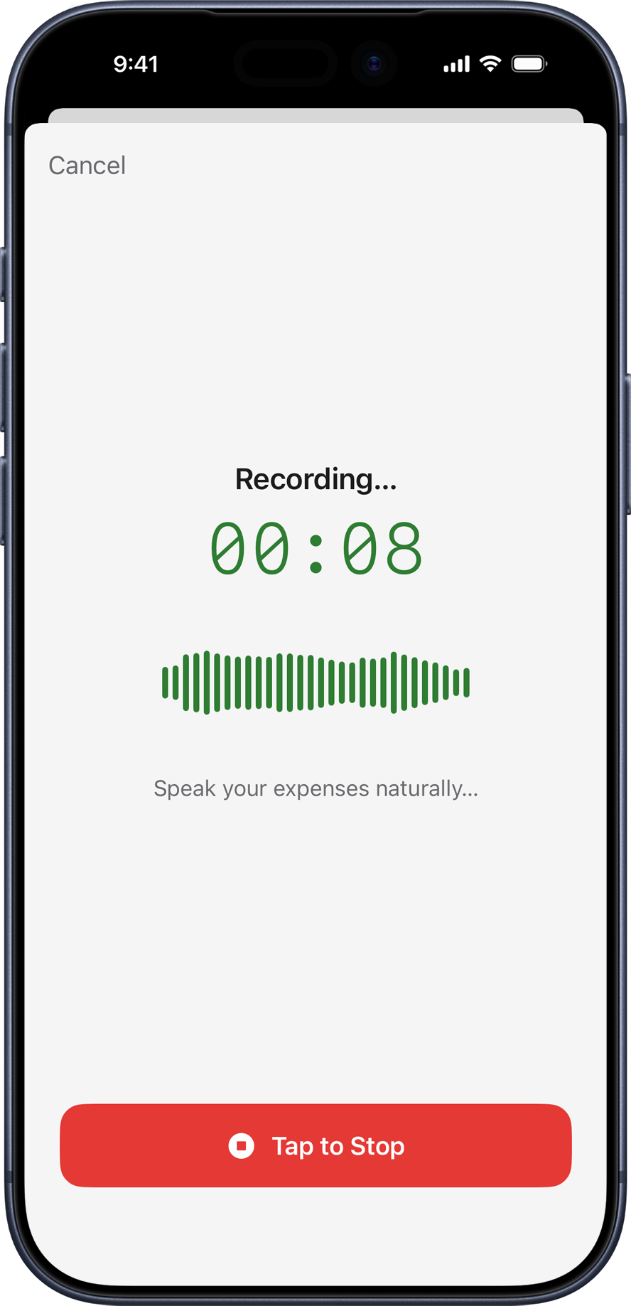 VoiceSpend recording screen showing waveform and timer while logging expenses by voice