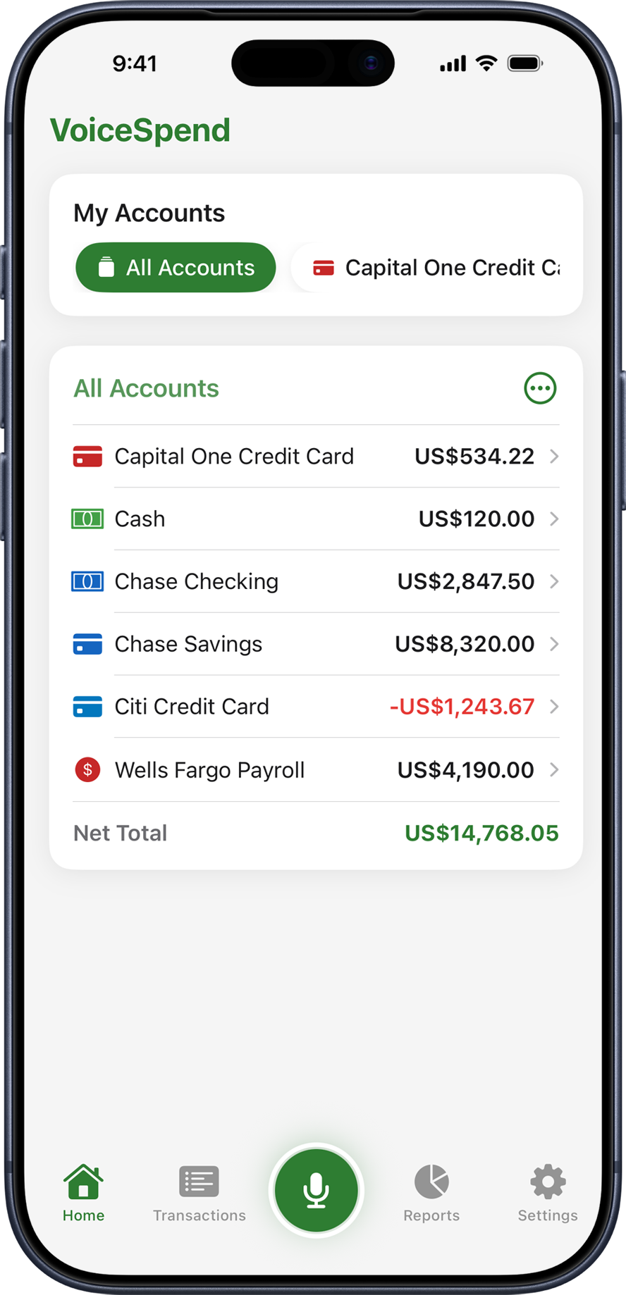 VoiceSpend home screen showing multiple accounts and balances
