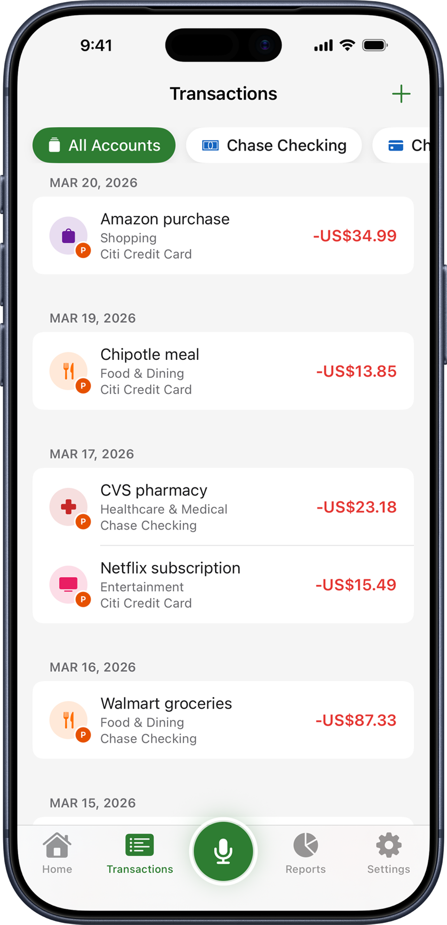 VoiceSpend transactions screen showing recent expenses by date